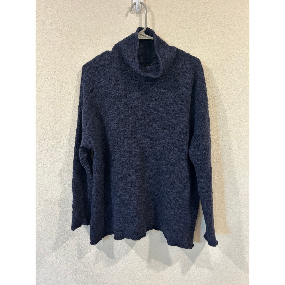 EILEEN FISHER Nocturne Blue Wool Slub Textured Knit Turtleneck Sweater L G